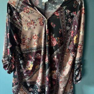 Naif Womens Black Brown Floral 3/4 Zip Roll Tab Sleeve Womens Blouse Top XL